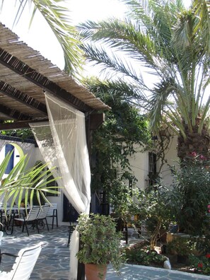 A covered outdoor area with a table and chairs, surrounded by potted plants and a palm tree. - Eden Ios Rooms (Ios)