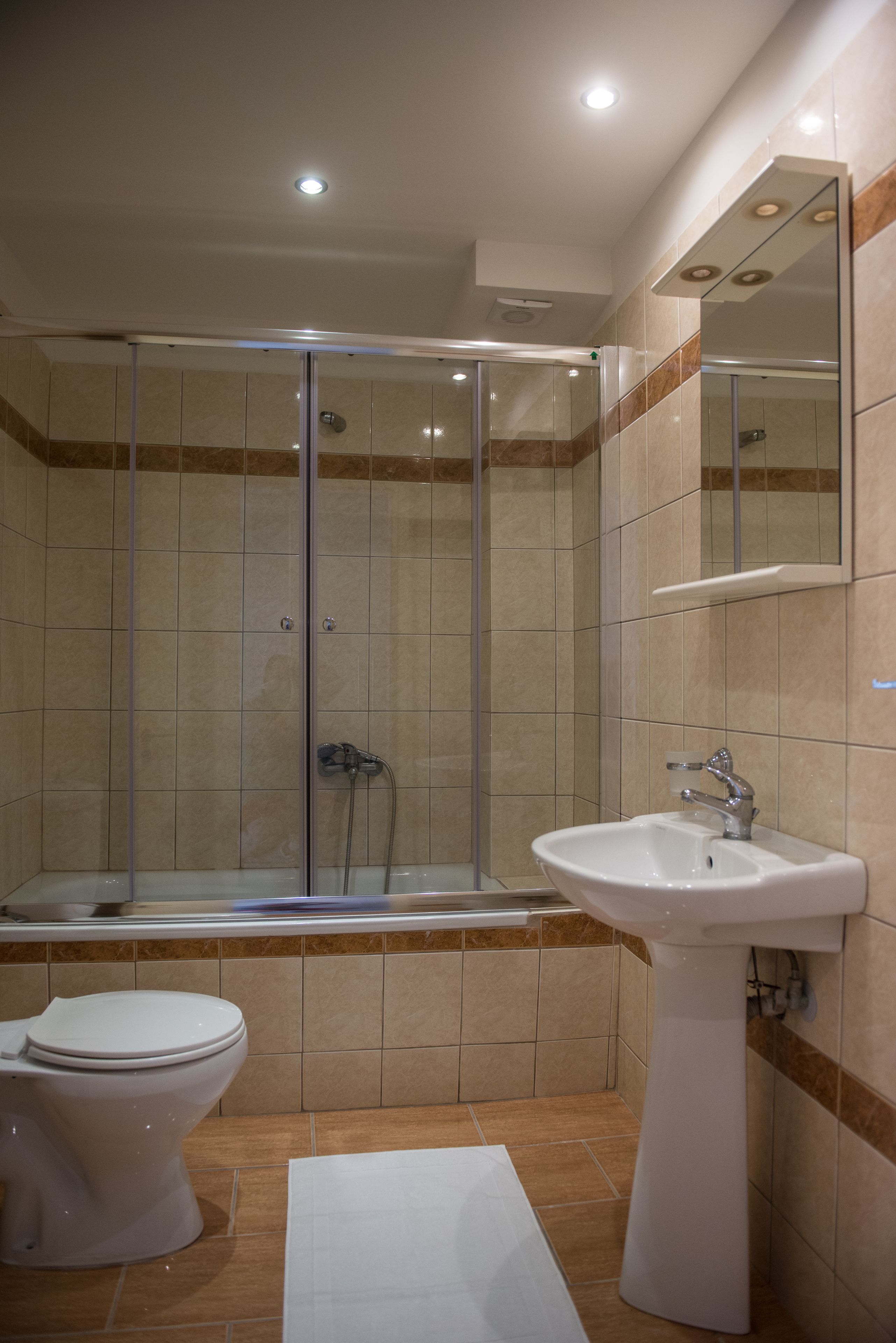 Une salle de bain moderne avec une douche à parois de verre, un lavabo blanc et des toilettes.