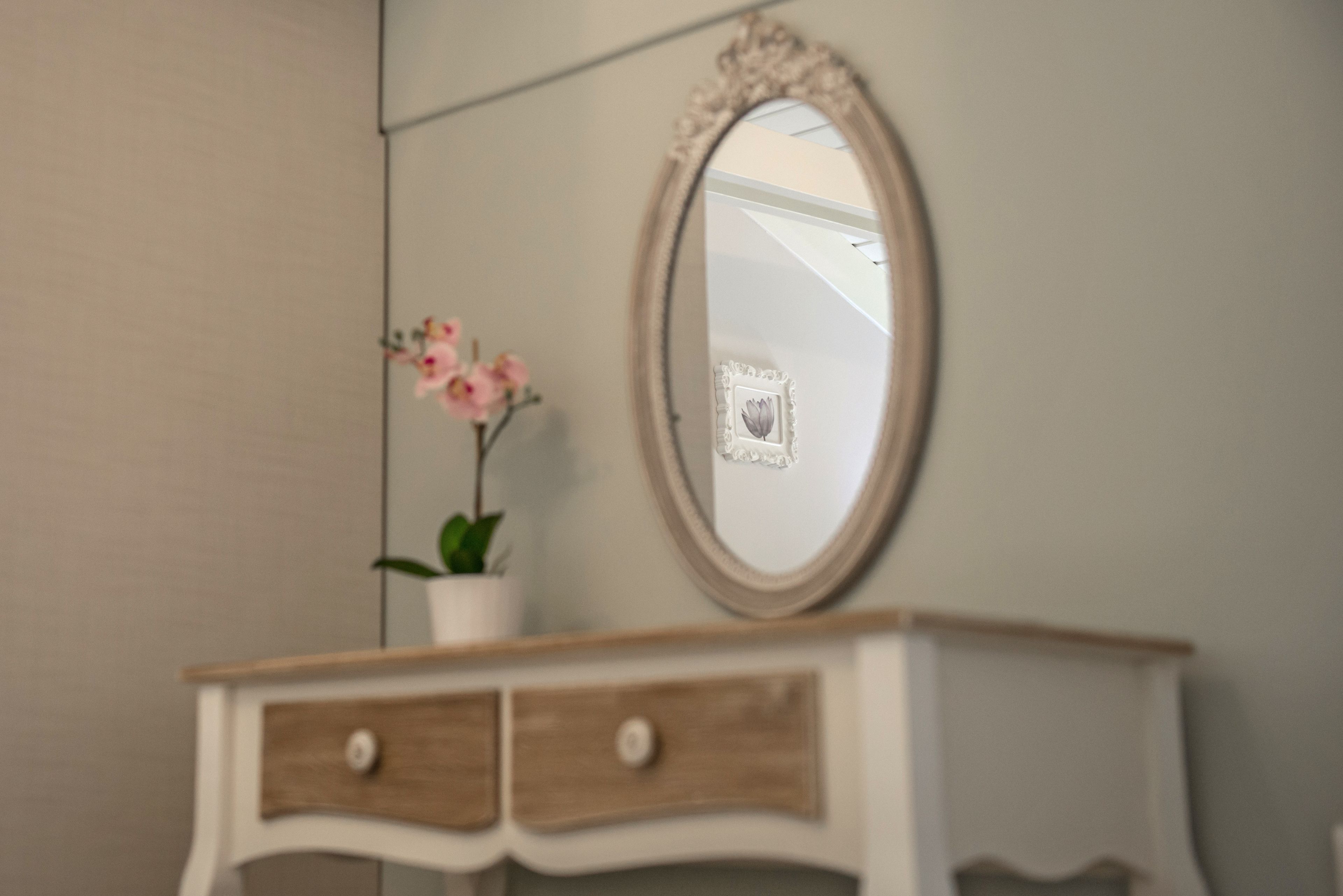 A vanity with a mirror, a small potted plant, and a framed picture on the wall.