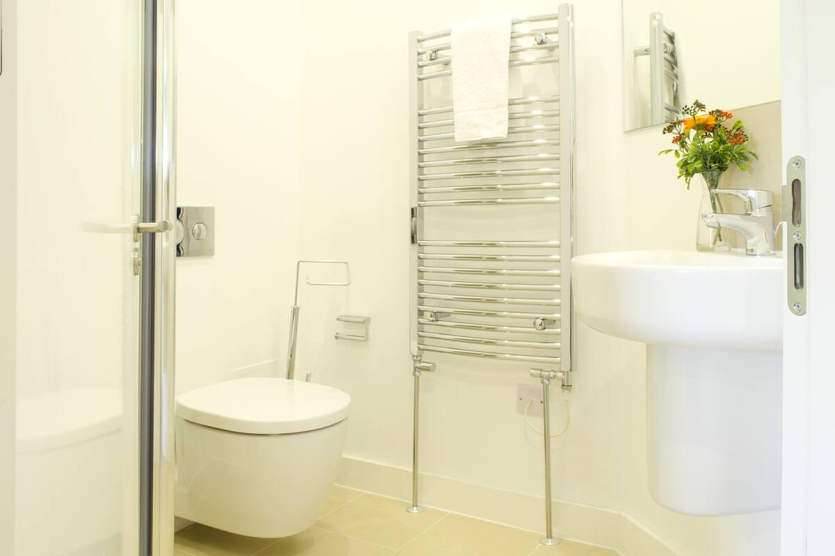 A modern bathroom with a toilet, a glass shower enclosure, a towel rack, and a sink with a mirror above it.