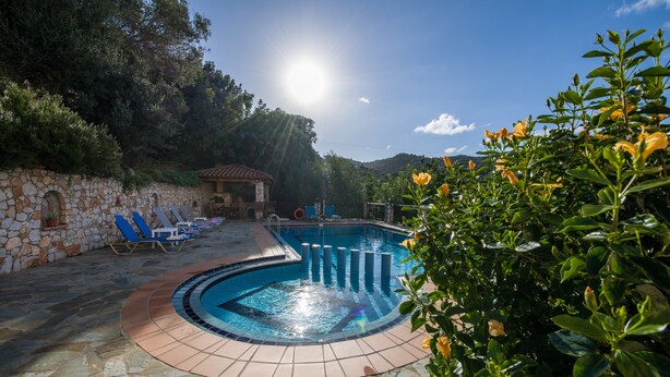Piscina com muro de pedra e espreguiçadeiras, cercada por vegetação e céu claro.