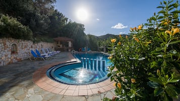 Outdoor pool, pool umbrellas, pool loungers