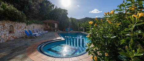 Outdoor pool, pool umbrellas, sun loungers
