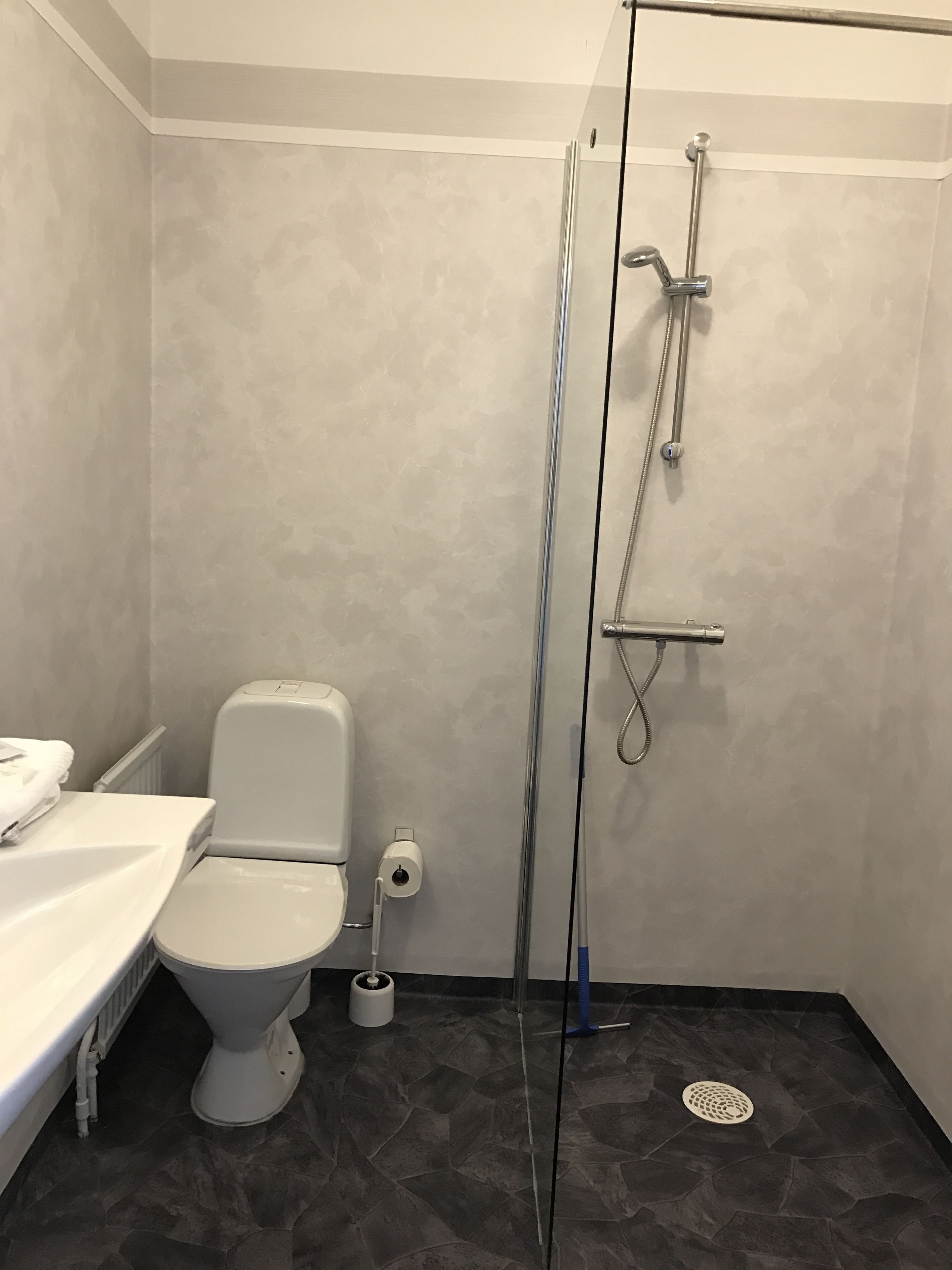 Een badkamer met toilet, douchecabine en wastafel.