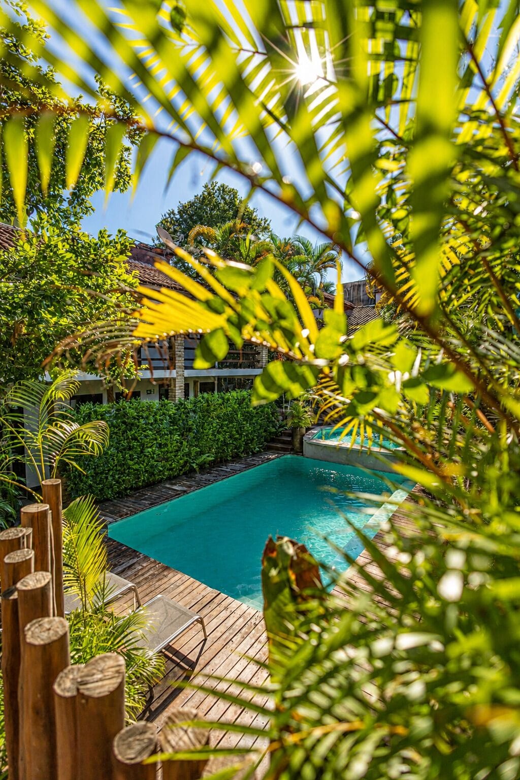 A pool surrounded by lush greenery, wooden deck, and a building with a tiled roof in the background.