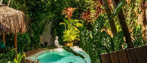 A pool surrounded by lush greenery, a wooden bench, and a statue.