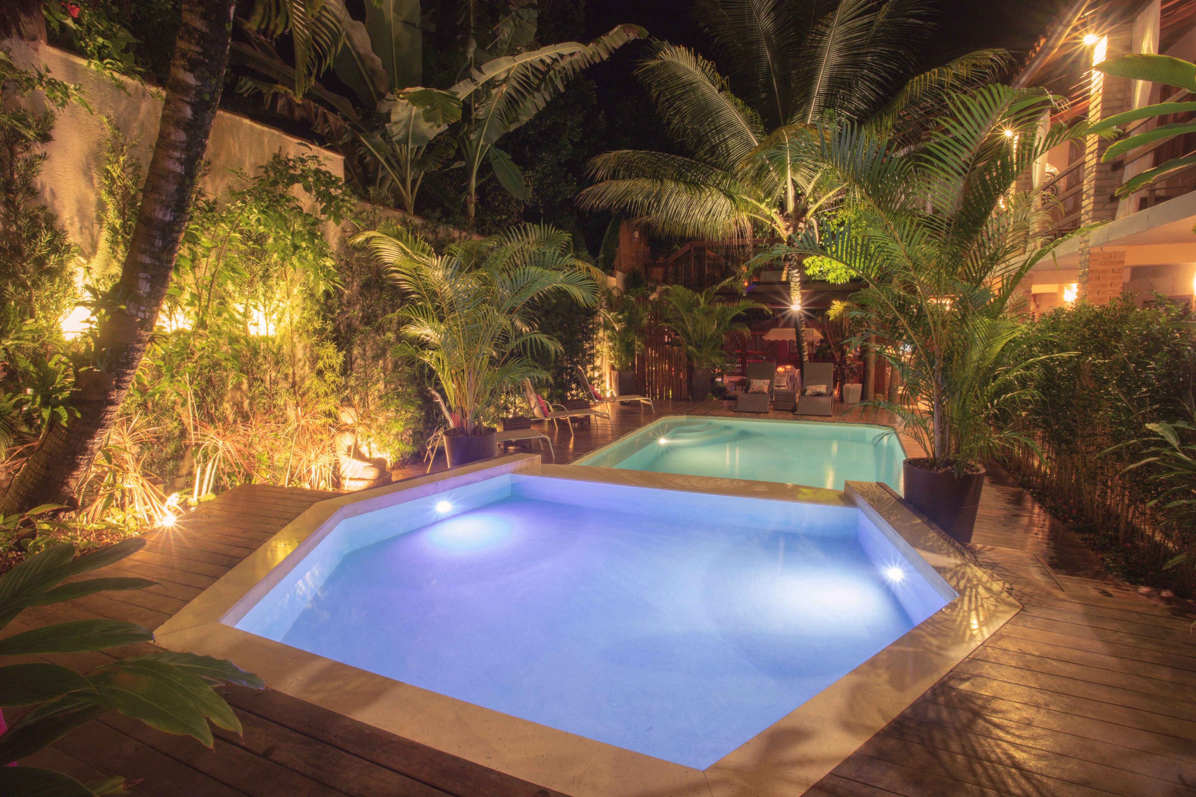 A swimming pool surrounded by lush tropical plants and wooden decking.