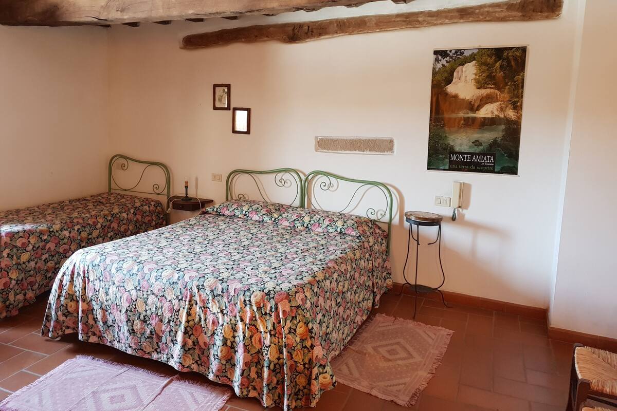 A bedroom with two single beds, a wooden ceiling, a poster on the wall, and a small table.