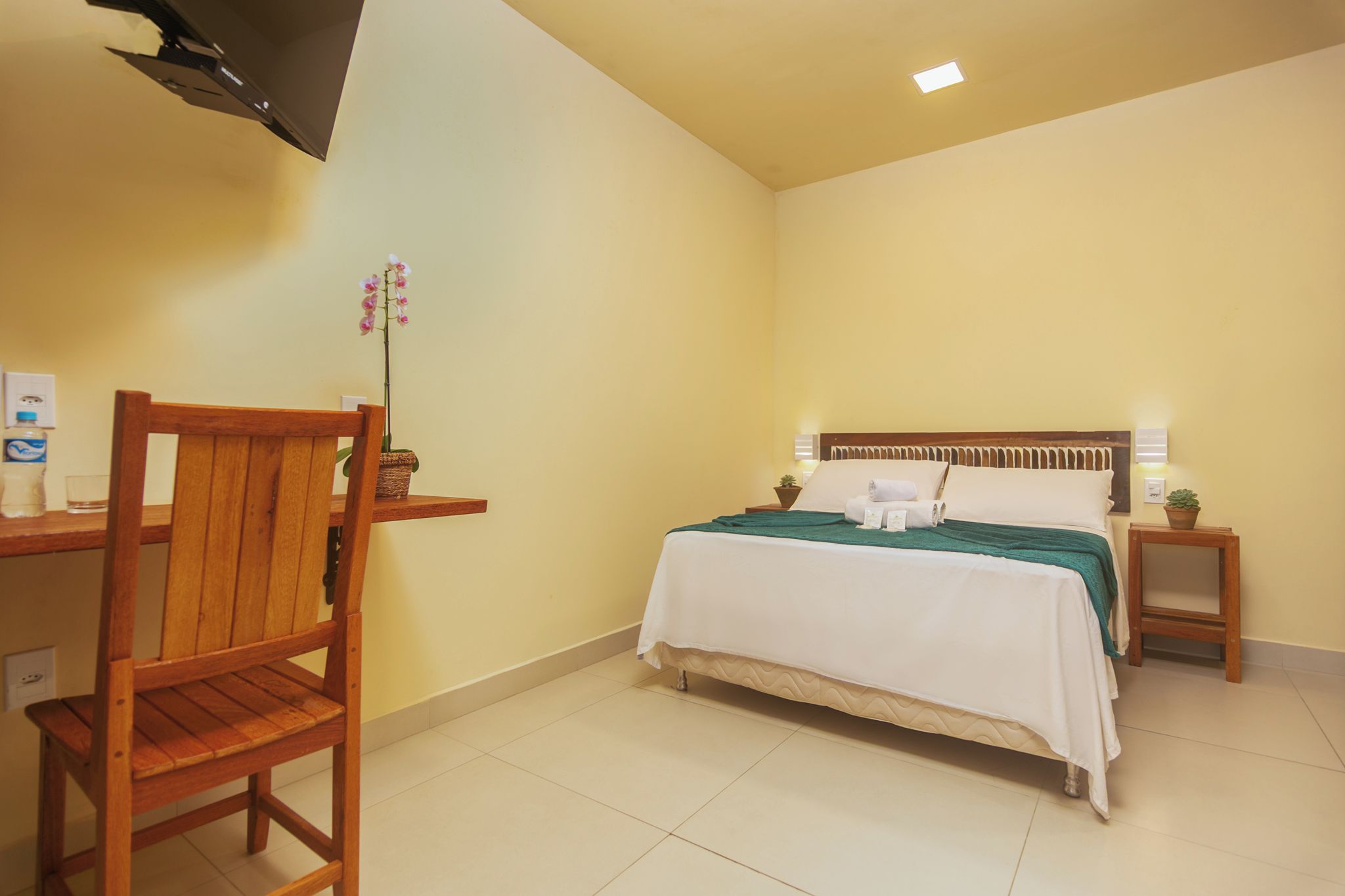 Una habitación de hotel con una cama, una silla de madera, una mesita pequeña y una planta en maceta.