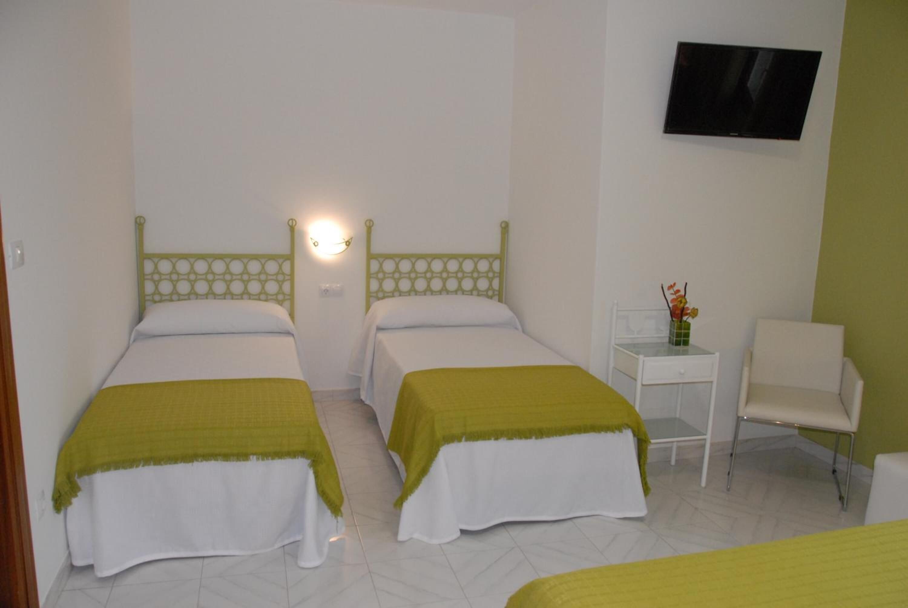 A hotel room with two beds, a TV, a small table with a vase, and a chair.