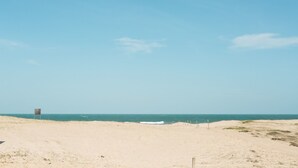 Una playa con cielo despejado, un letrero y el océano al fondo.