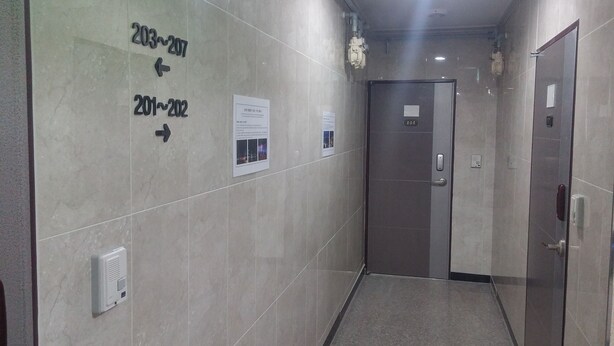 Un pasillo con señales indicativas para las habitaciones 203 a 207 y 201 a 202, una puerta con el número 202, y un panel informativo fijado a la pared.