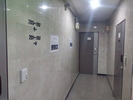 Un pasillo con señales indicativas para las habitaciones 203 a 207 y 201 a 202, una puerta con el número 202, y un panel informativo fijado a la pared.