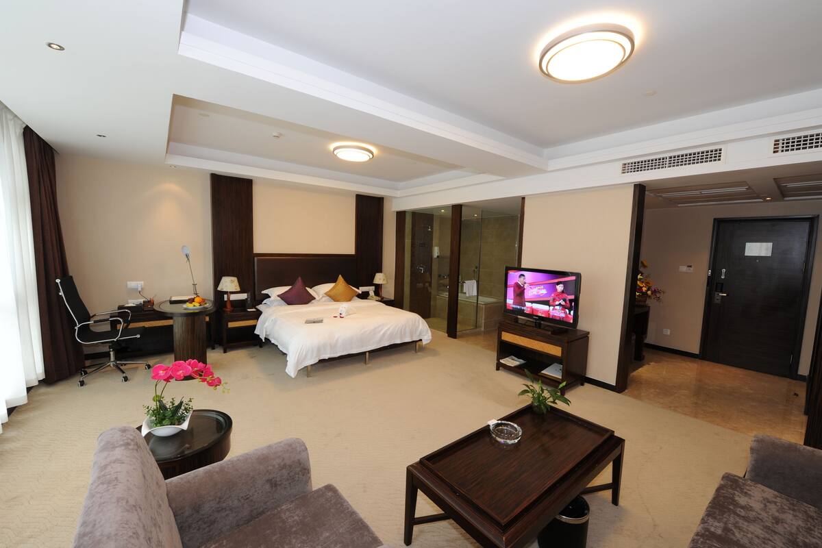 Ein Hotelzimmer mit Bett, Fernseher, Schreibtisch, Stuhl, Couchtisch und einer Pflanze.