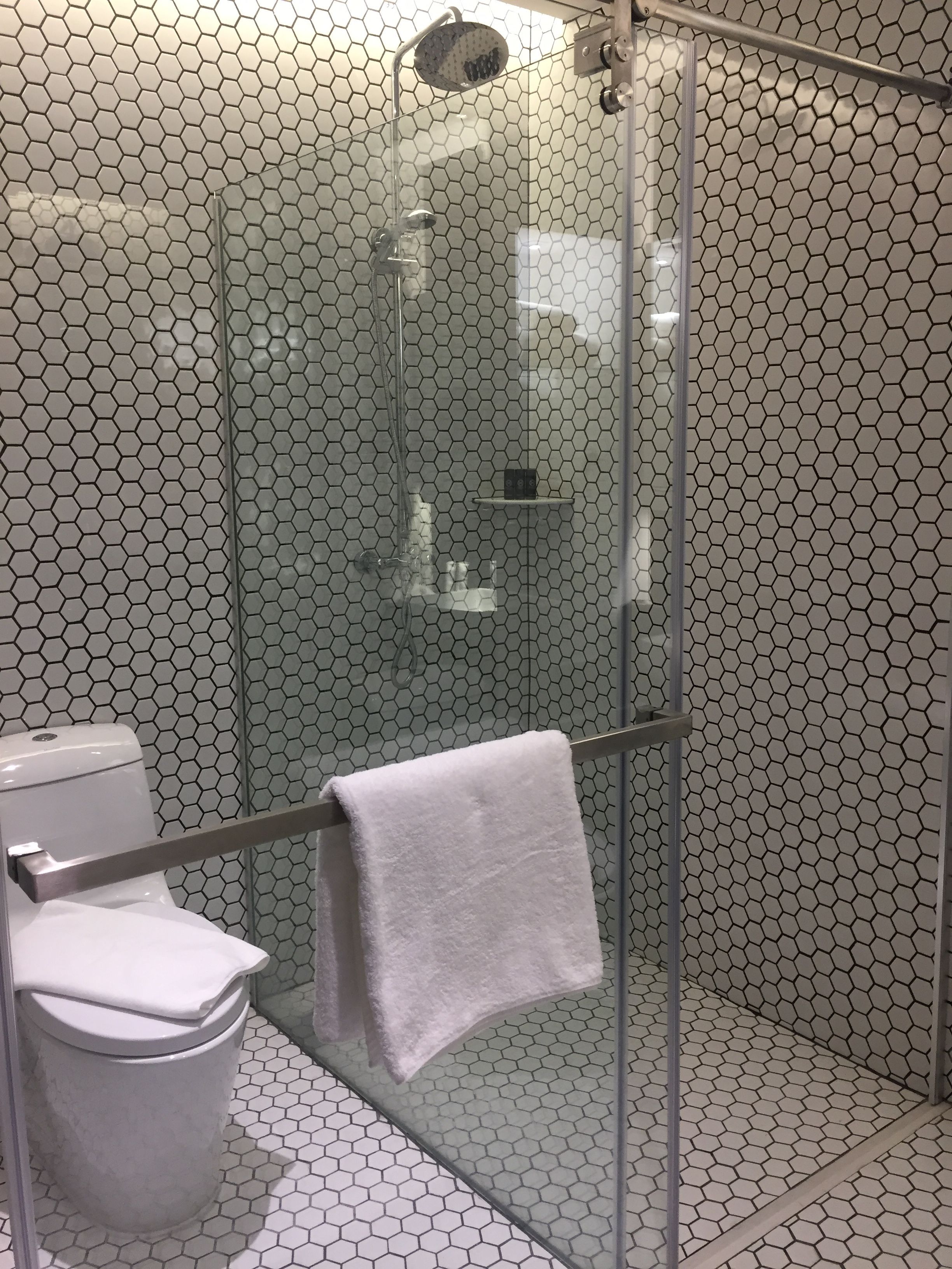 Une salle de bain avec une douche à parois de verre, des toilettes et un porte-serviettes.