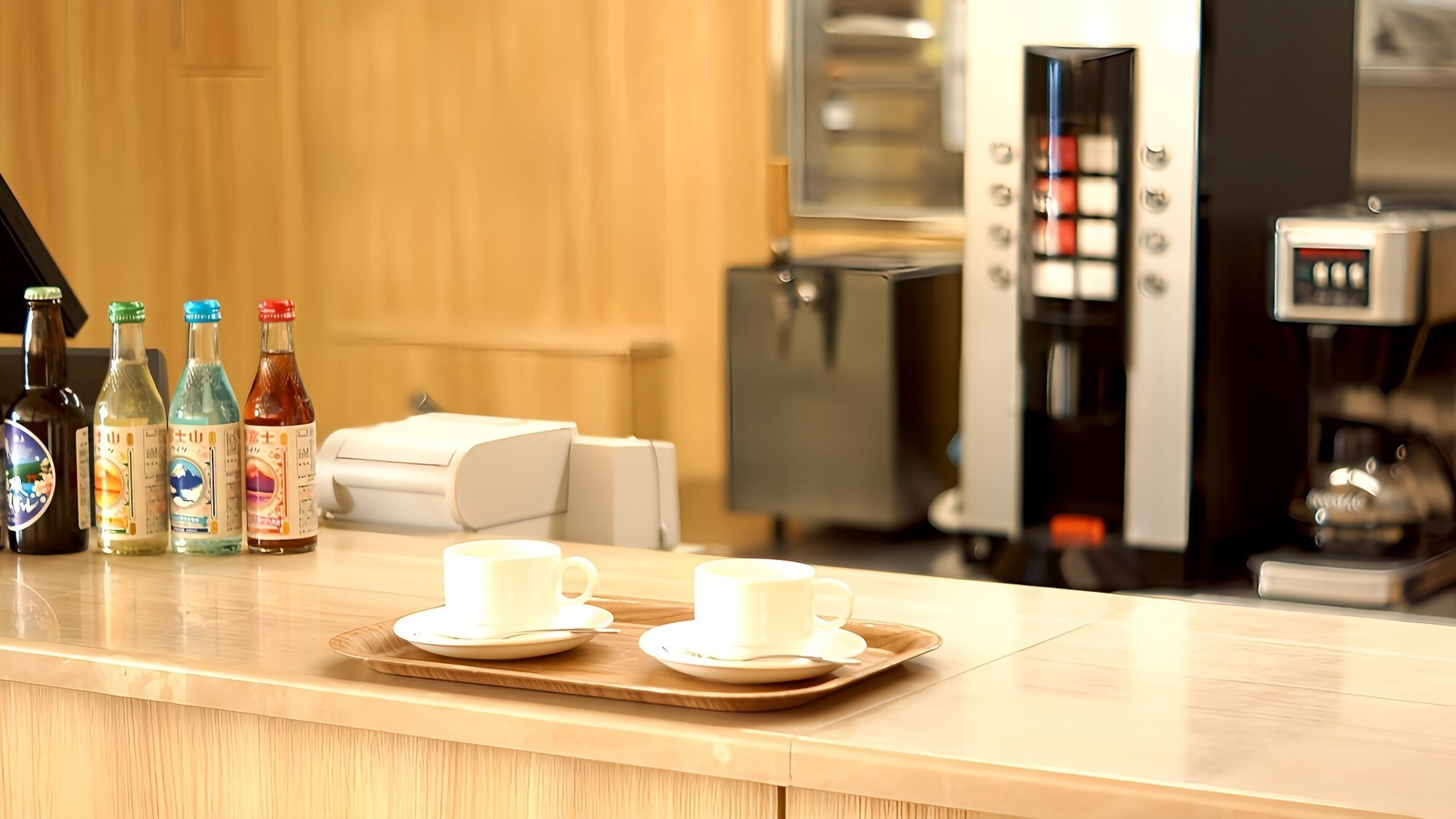 A hotel reception area with a counter, coffee machine, and beverage dispensers.
