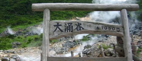 A wooden sign with Japanese characters and a mountain backdrop.