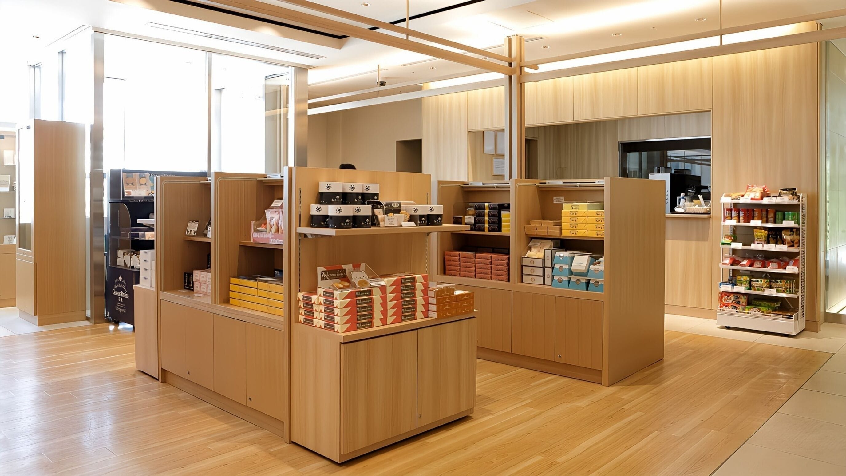 Una tienda moderna con mostradores de madera y una gran variedad de productos envasados.