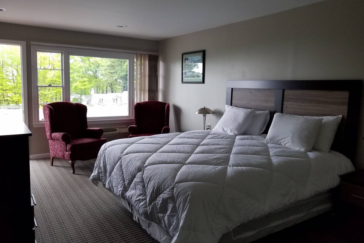 A hotel room with a large bed, two armchairs, a desk, and a window with a view of trees.
