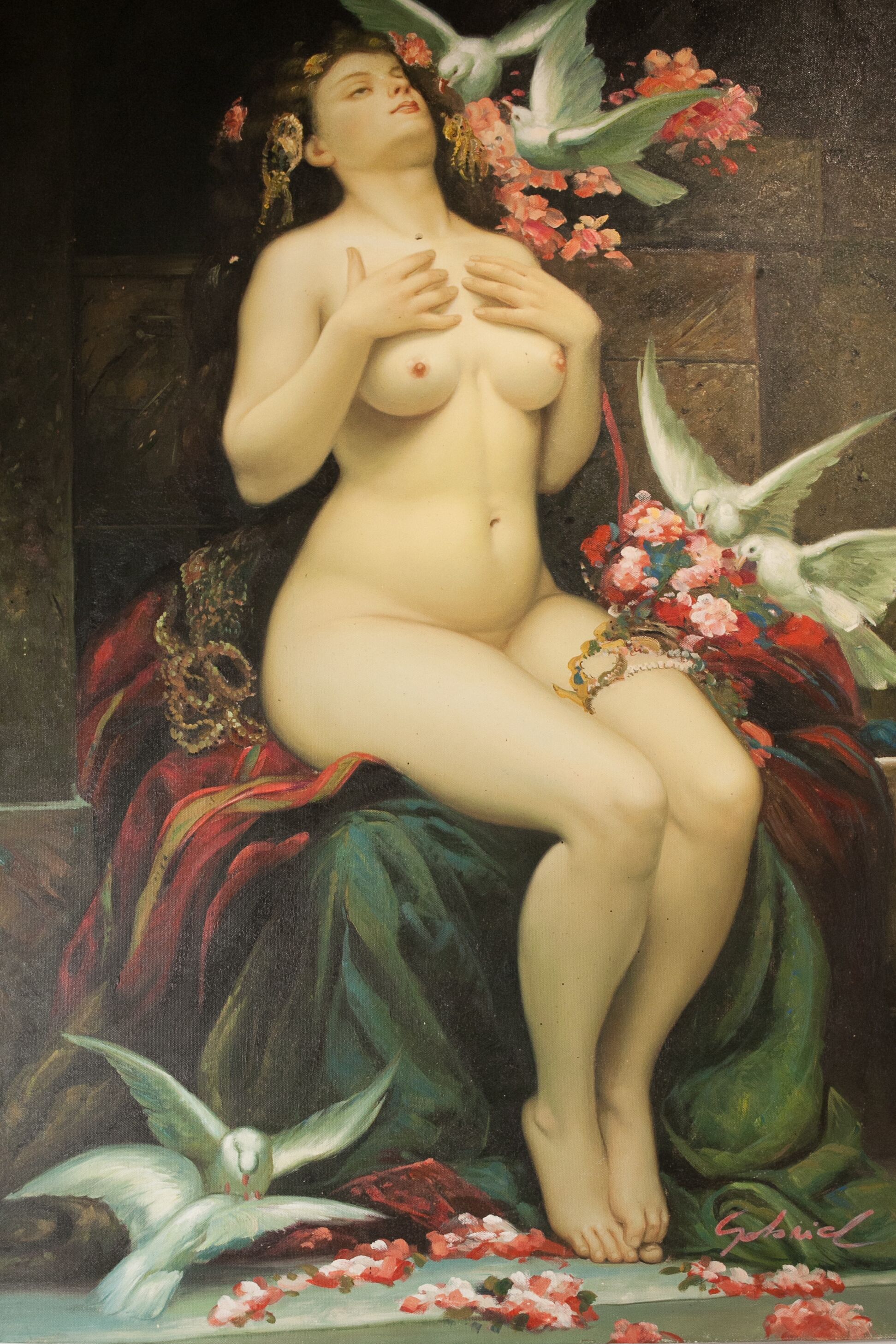 A classical painting of a nude figure seated on a red and green draped chair, surrounded by flowers and birds.