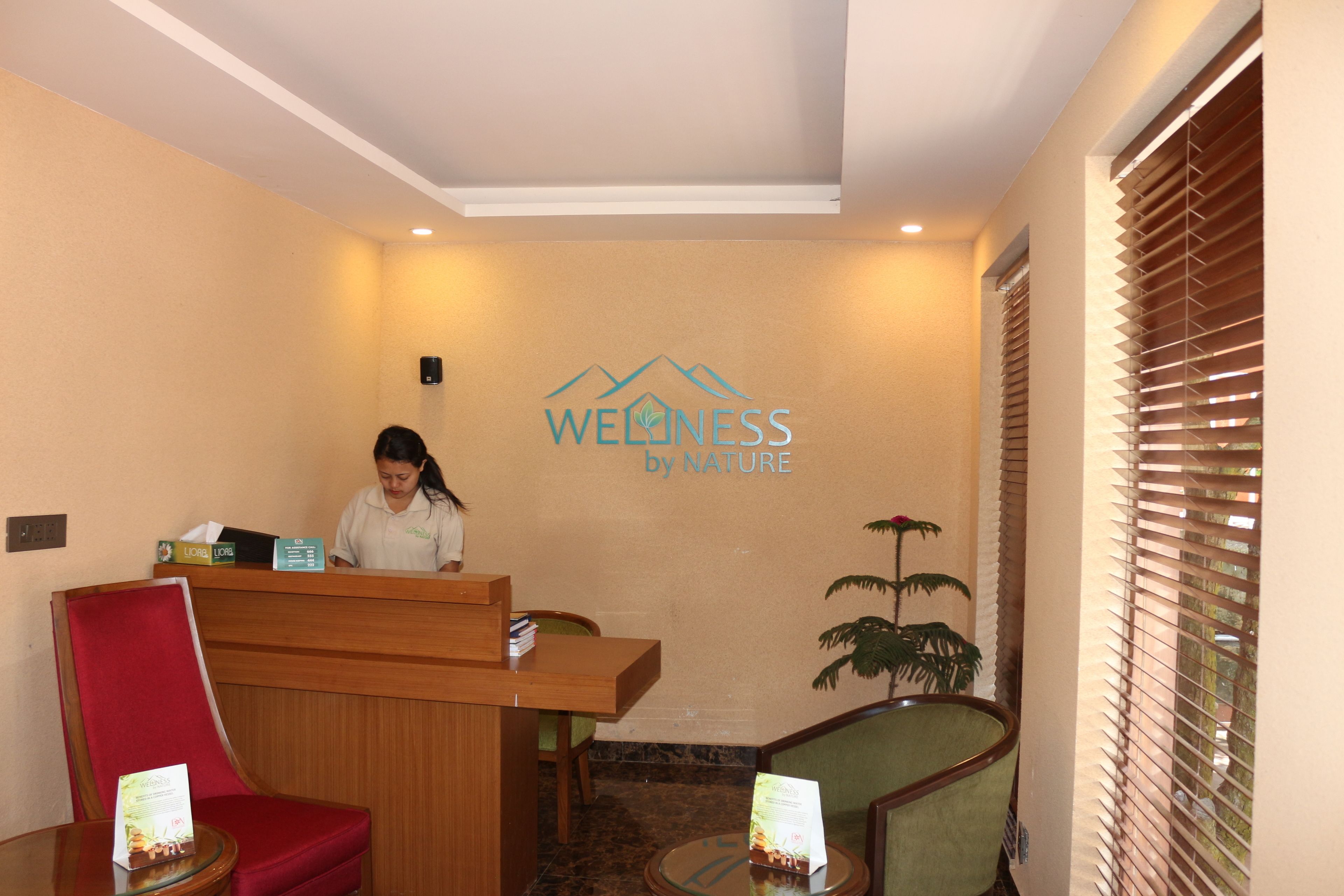 A reception area with a wooden desk, a red chair, and a green chair. A woman is seated behind the desk. The wall has a logo that reads "WELLNESS by NATURE".