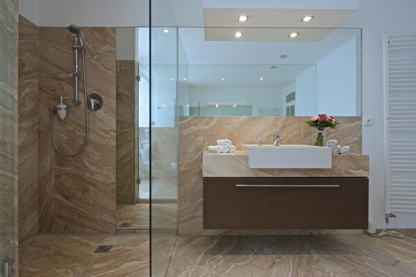 Duş, ücretsiz banyo/kozmetik ürünleri, saç kurutma makinesi, havlu 