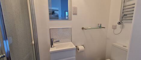 A compact bathroom with a toilet, sink, and glass shower enclosure.