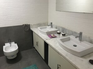 Comfort Apartment | Bathroom | Shower, hair dryer, bidet, towels