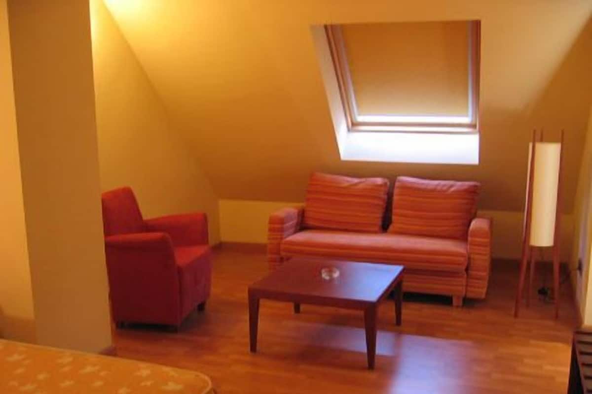 A cozy loft bedroom with a sloped ceiling, a red sofa, a wooden coffee table, and a skylight.