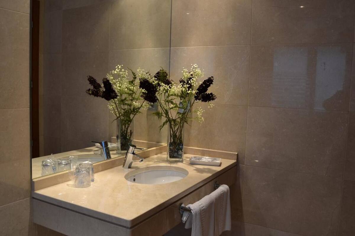 Un baño con un espejo grande, dos lavamanos, un jarrón con flores y un perchero para toallas.
