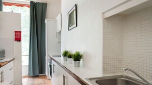 A modern kitchen with white cabinets, a stainless steel sink, and potted plants on the counter. - Metrostays - O'Connell Street 84-1 (Dublin)