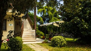 Une maison avec un escalier menant à une porte, entourée d’une végétation luxuriante et d’un jardin.