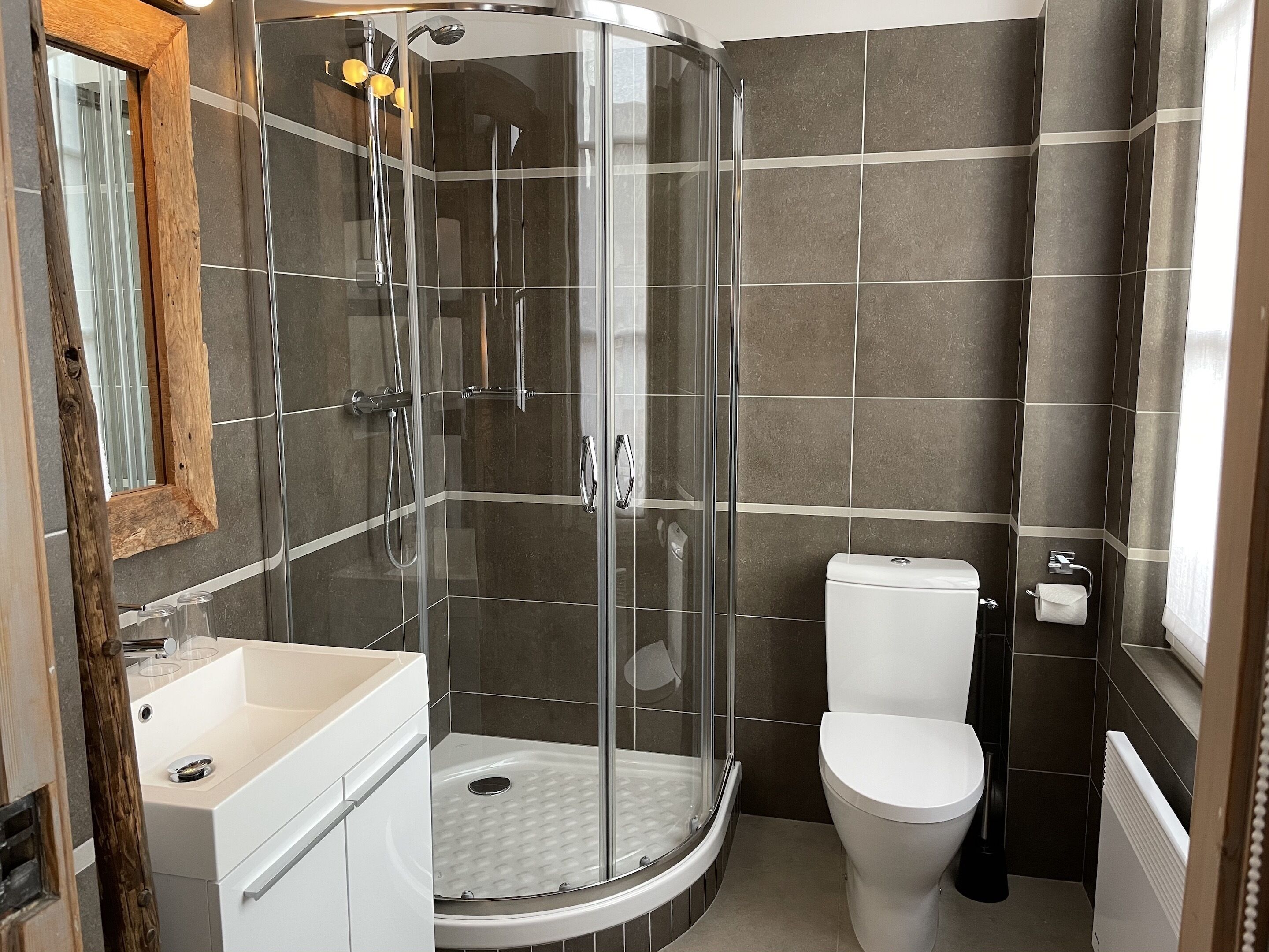 A modern bathroom with a glass-enclosed shower, a toilet, and a sink.