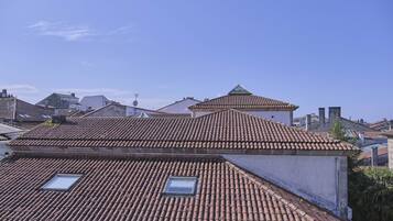 A rooftop with terracotta tiles, two skylights, and a small green dome structure.