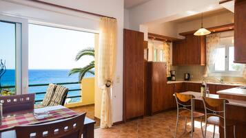 Duplex, 2 Bedrooms, Private Pool, Sea View (Faye) | Private kitchen | Full-sized fridge, microwave, oven, stovetop