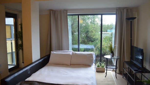 A modern hotel room with a large bed, a TV, and a balcony with a view of greenery. - MetroStays - Riverside Apartment (Dublin)