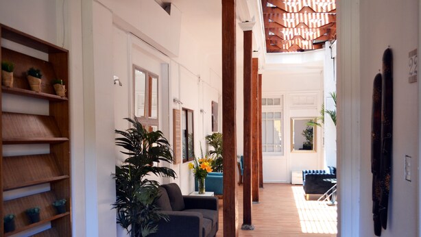 A spacious hallway with wooden flooring, a sofa, and potted plants. - Casona Recoleta (Santiago)