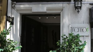 A hotel entrance with a black door, a sign reading "HOTEL BOUTIQUE," and two potted plants on either side. - Casona Recoleta (Santiago)