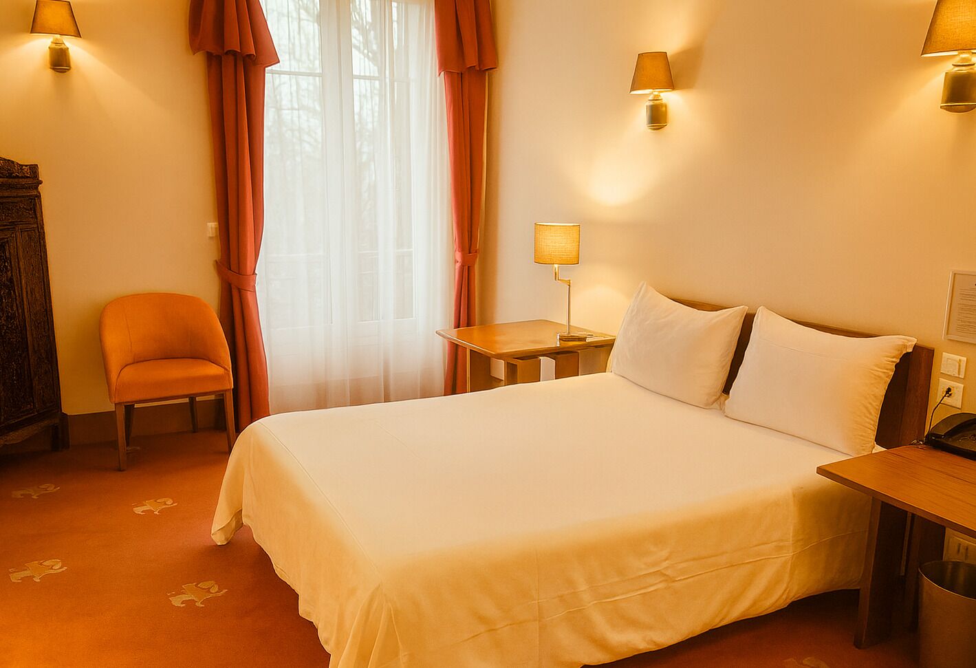 Una habitación de hotel con una cama grande, una silla, una mesita de noche y una lámpara.