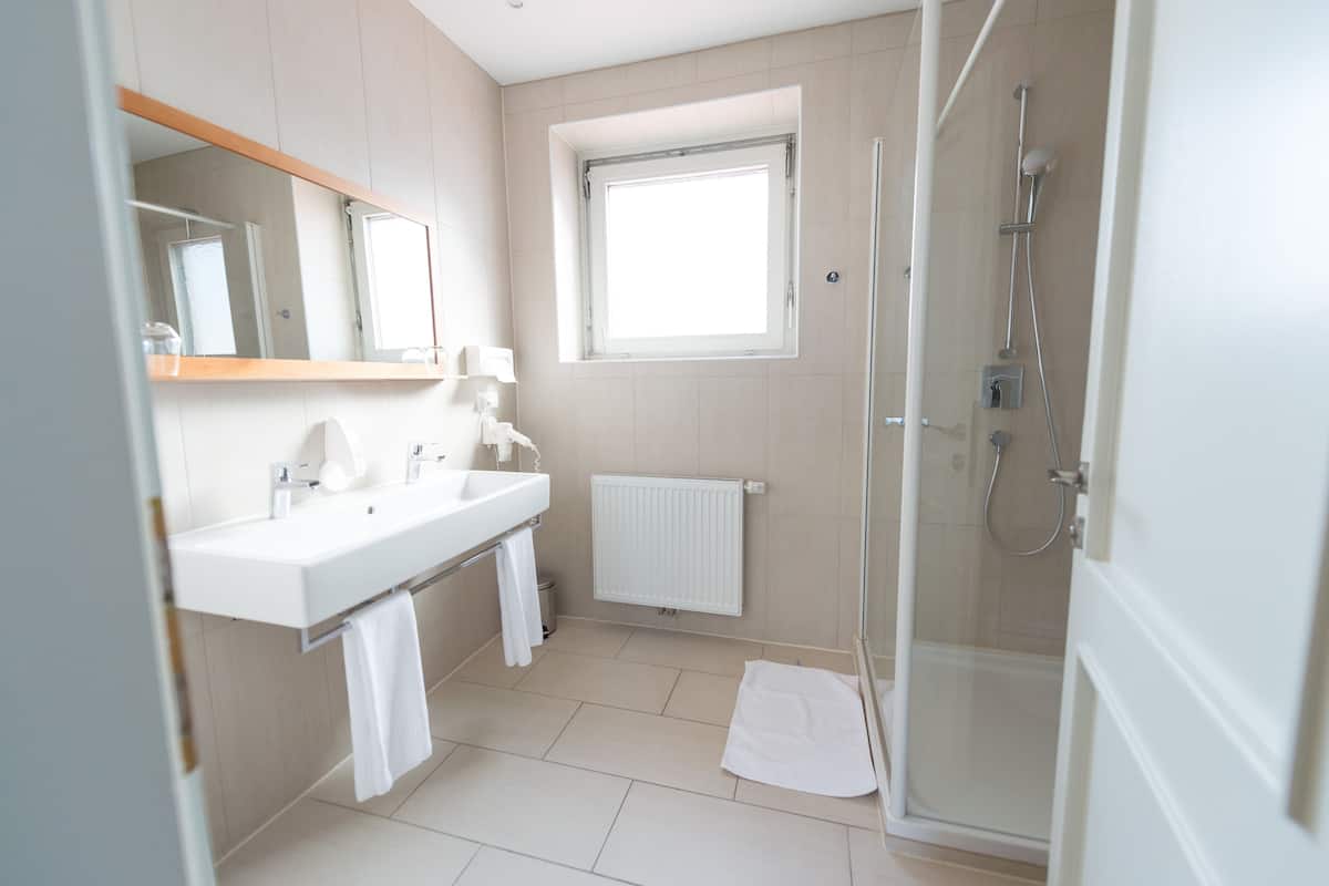 standard double room | bathroom | shower, free toiletries, hair dryer, bathrobes