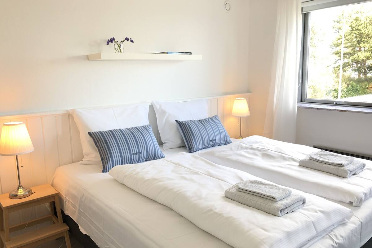 A double bed with white bedding and two pillows, a bedside table with a lamp, and a window with a view of trees.