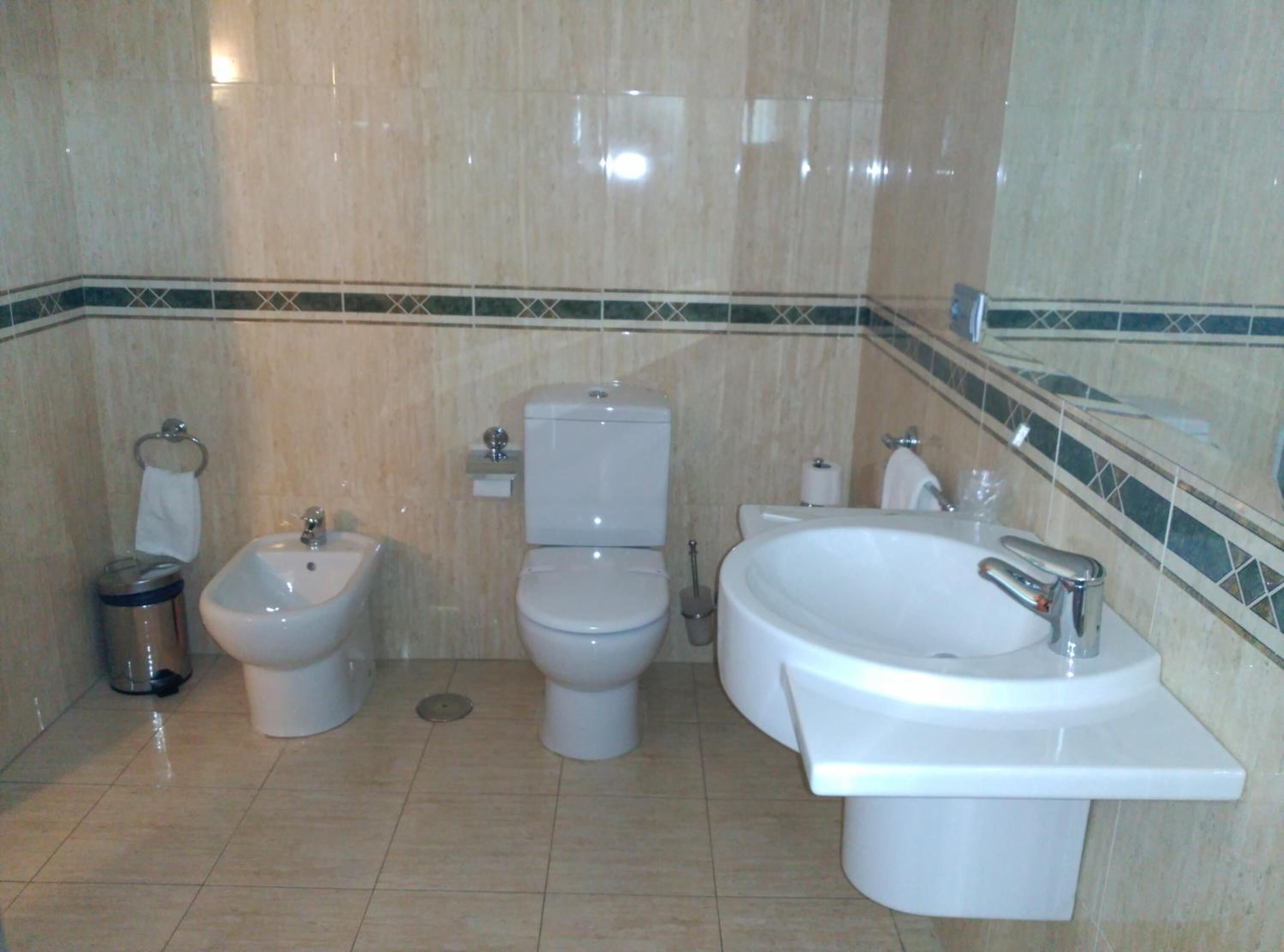 free toiletries, hair dryer, bidet, towels