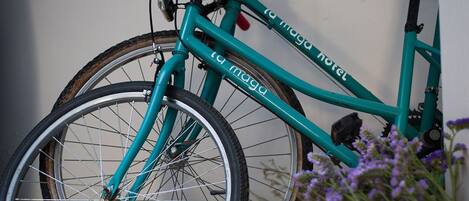 A teal bicycle with "la maga hotel" written on the frame, leaning against a wall.