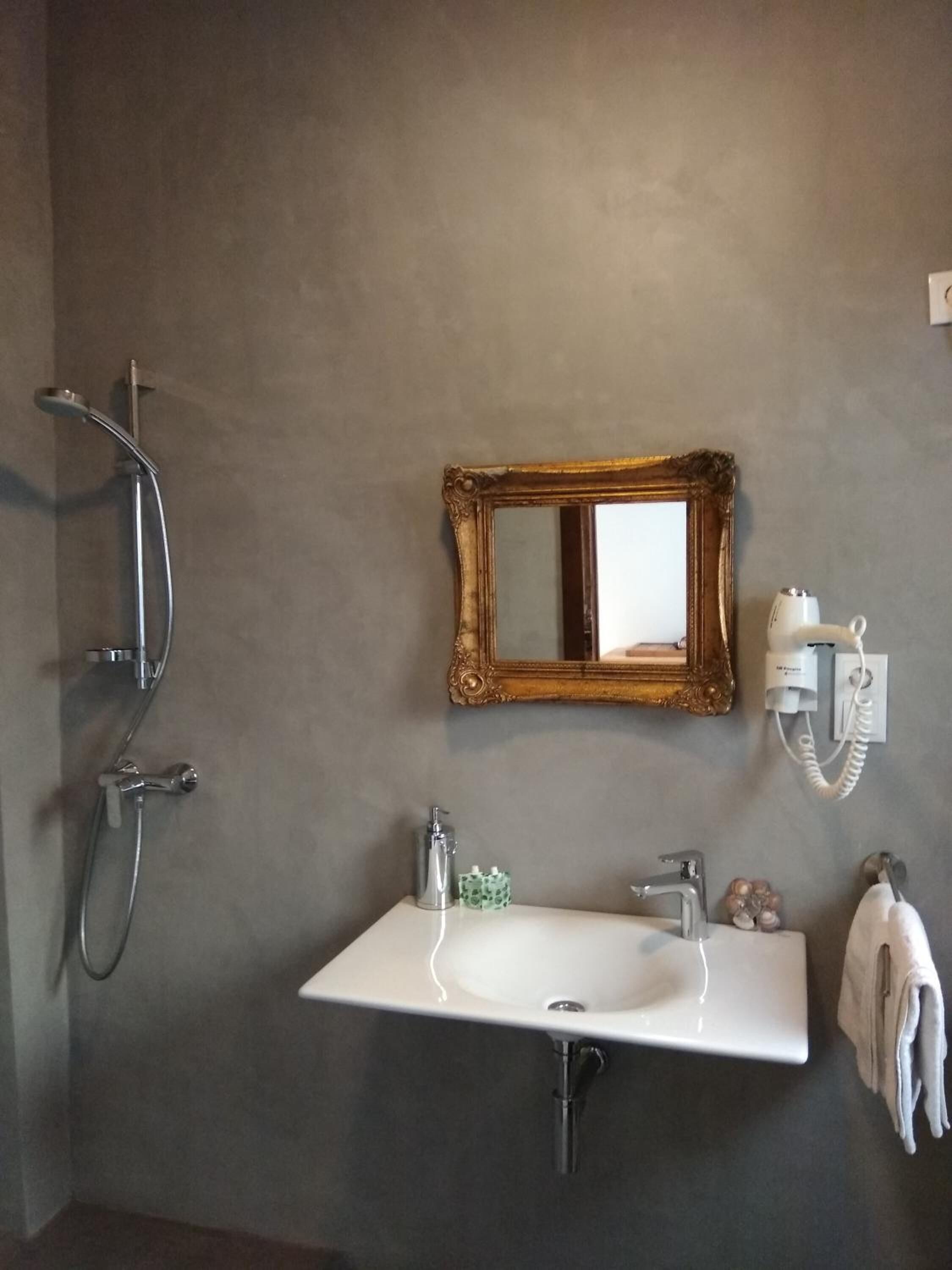 A bathroom with a white sink, a mirror with an ornate frame, a handheld showerhead, and a towel rack.