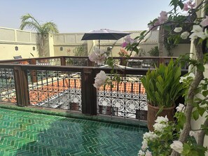 Un área de piscina en la azotea con piso de baldosas verdes, una cerca de metal y una planta en maceta.