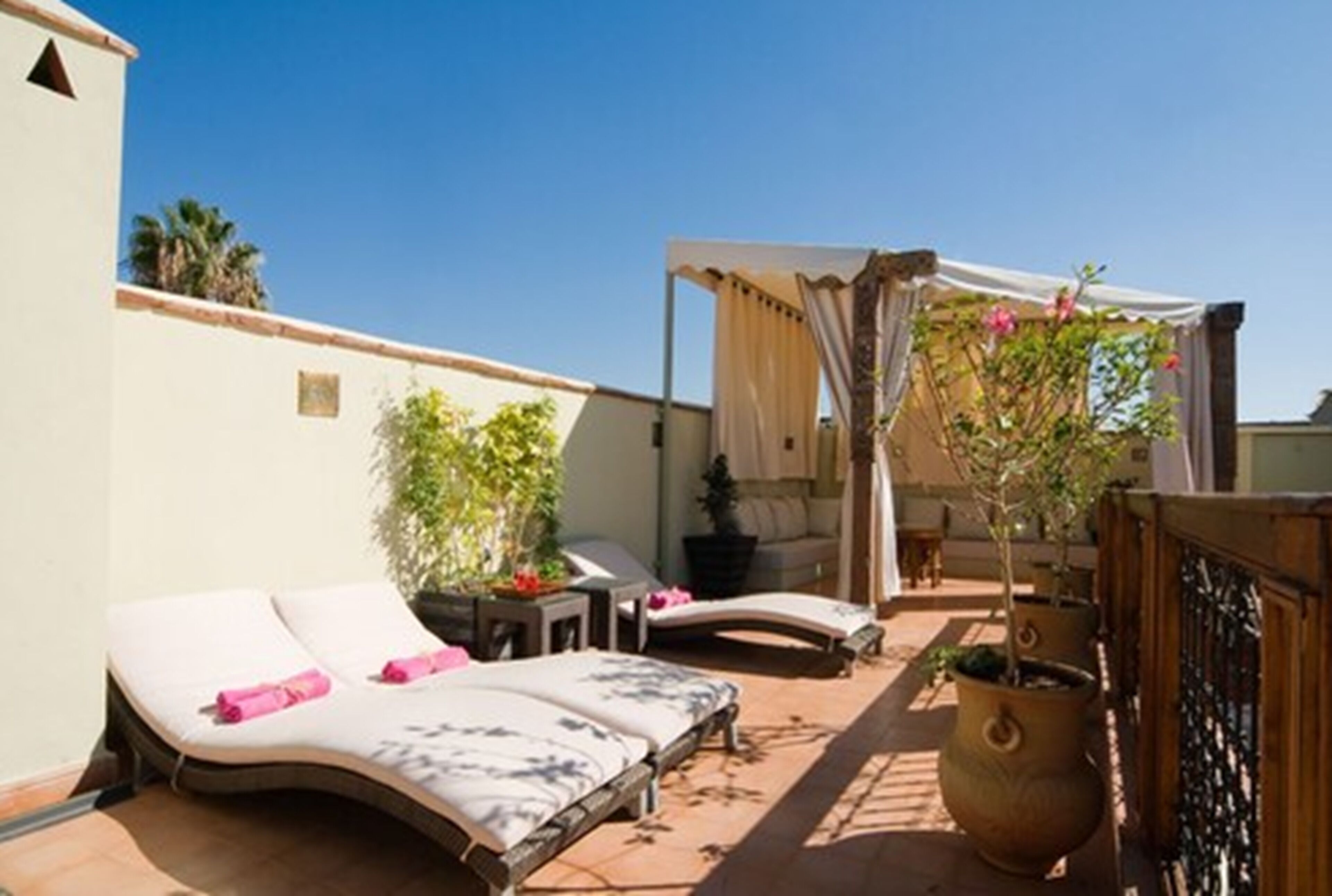 A rooftop terrace with two sun loungers, a covered seating area, and potted plants.