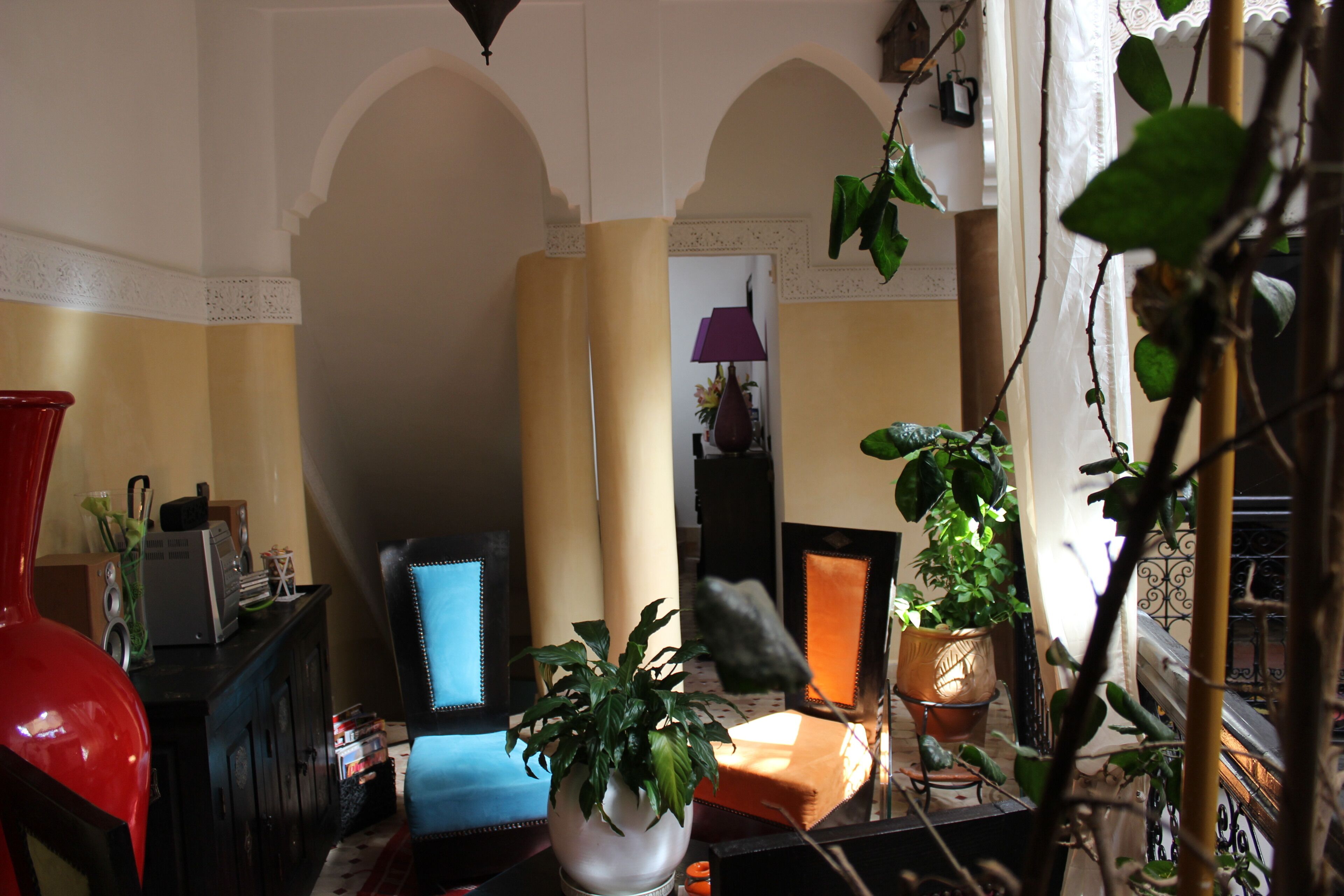 Een woonkamer met een bank, een rode vaas en potplanten.