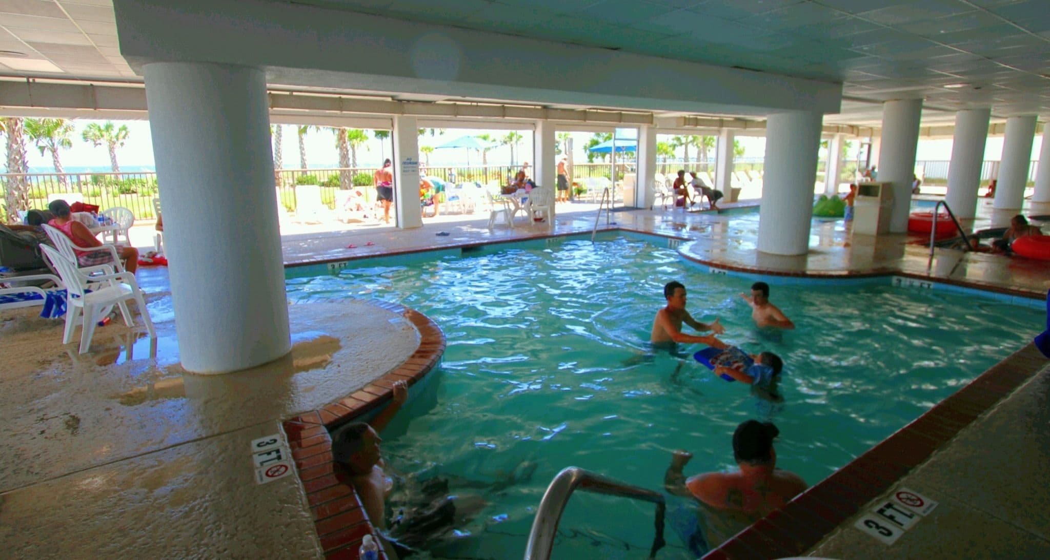 indoor pool, outdoor pool, pool loungers