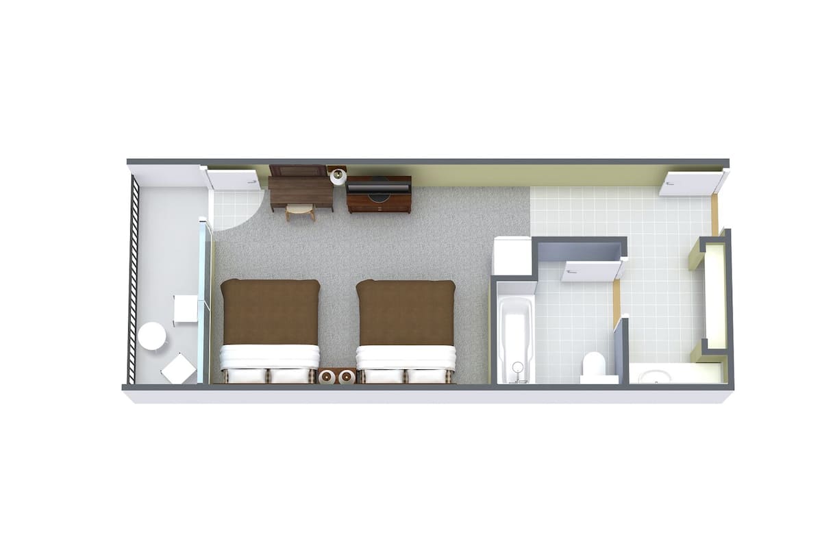 A hotel room layout with two beds, a desk, a chair, a small table, a sofa, a TV, a bathroom with a toilet, sink, and shower.