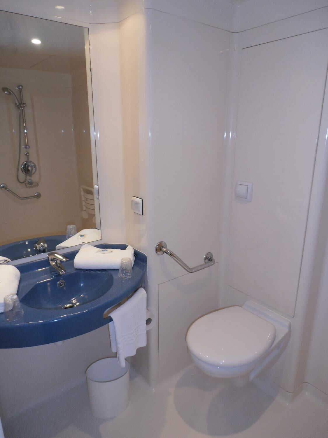 Un baño con lavamanos azul, inodoro blanco y ducha con cabezal de ducha manual.